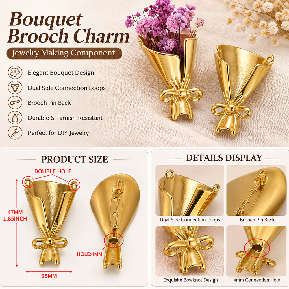 2個入りブーケゴールドフラワーチャームペンダントコネクター、 - Supply Florist のレビューと価格